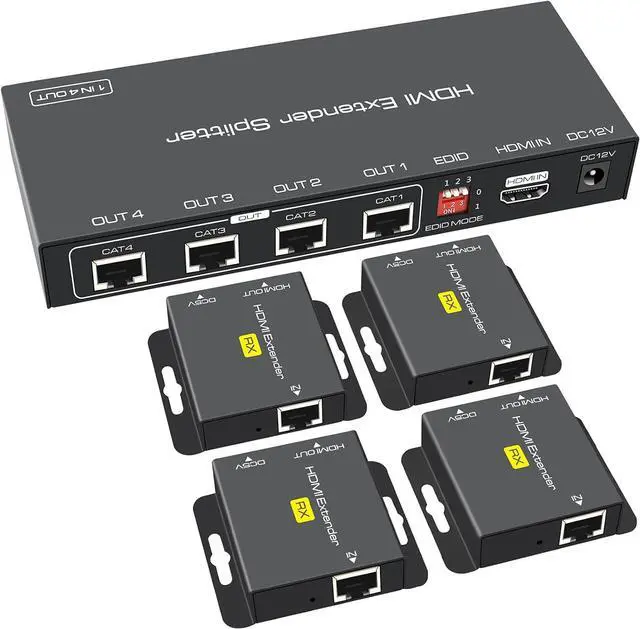 Main image of HDMI Extender Splitter Up to 165ft 1 in 4 Out Over Cat5e or 6 or 7 Repeater Balun Ethernet Sender Transmitter Receiver Support 1080p EDID Presets POC is Only Need TX Power for Work