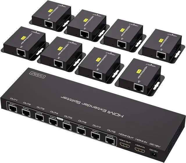 Main image of HDMI Extender Splitter Over Ethernet 1 in 8 Out Cat5e or 6 Up to 165FT 50m HD1080P 60Hz 3D with Port Loop Out Support EDID POC Suitable for Projection Exhibition Presentations