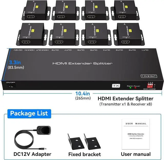 Alt view image 7 of 7 - HDMI Extender Splitter Over Ethernet 1 in 8 Out Cat5e or 6 Up to 165FT 50m HD1080P 60Hz 3D with Port Loop Out Support EDID POC Suitable for Projection Exhibition Presentations