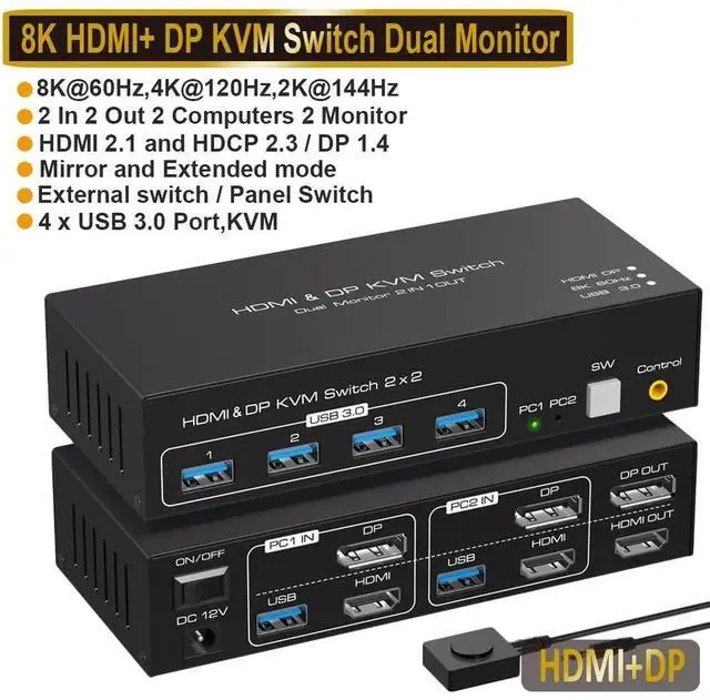 Main image of 2 Port Dual Monitor DisplayPort HDMI KVM Switch 8K @60Hz, 4K @120Hz, USB 3.0 DP+HDMI KVM Switcher 2 in 2 Out for 2 Computers 2 Monitors with 4 Ports USB 3.0 Support Copy and Extended Display