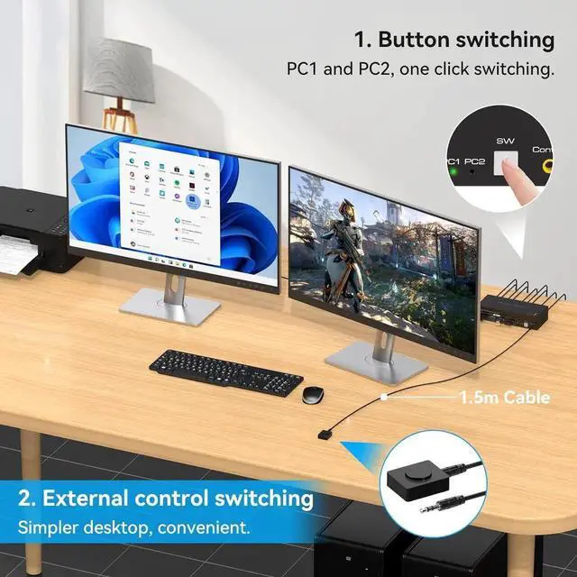 Alt view image 5 of 7 - Displayport KVM Switch 2 Monitors 2 Computers 8K@60Hz 4K@120Hz Dual Monitor USB 3.0 DP KVM Switches for 4 USB3.0 Devices, Wired Extension Button,12V DC Adapter and 2 USB 3.0 Cables