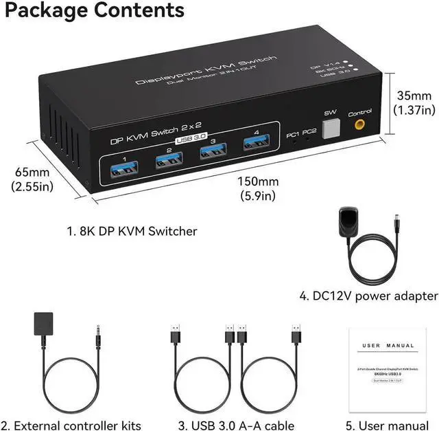 Alt view image 7 of 7 - Displayport KVM Switch 2 Monitors 2 Computers 8K@60Hz 4K@120Hz Dual Monitor USB 3.0 DP KVM Switches for 4 USB3.0 Devices, Wired Extension Button,12V DC Adapter and 2 USB 3.0 Cables