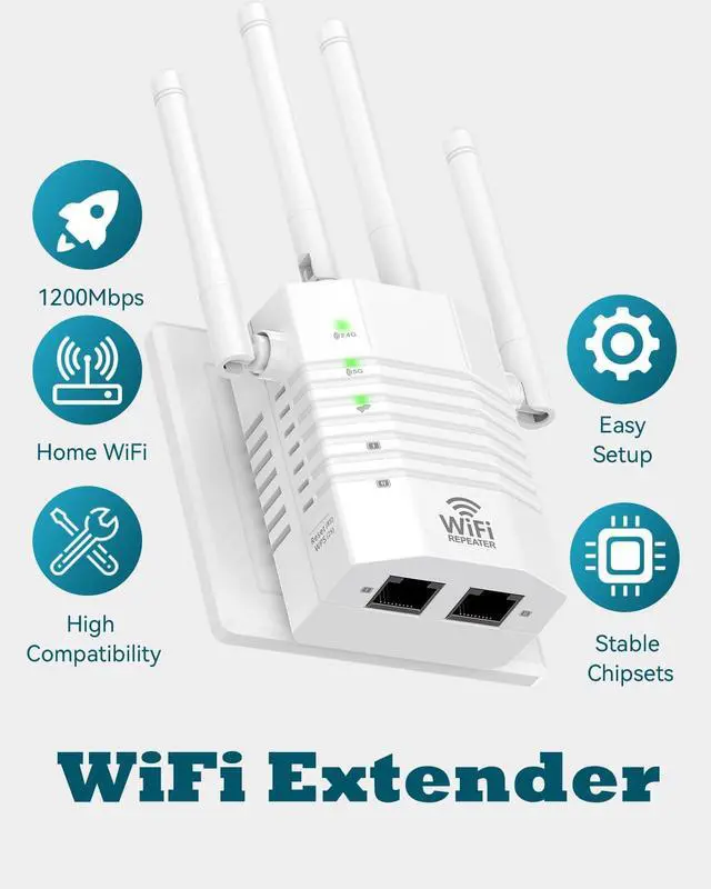 Alt view image 3 of 7 - 1200Mbps Dual - Band WiFi Extender Signal Booster, WiFi Extender with 4 Antennas, WiFi Booster Covers Up to 12880 Sq.ft & 105 Devices, WiFi Repeater with Wall - Plug Signal Booster for Home