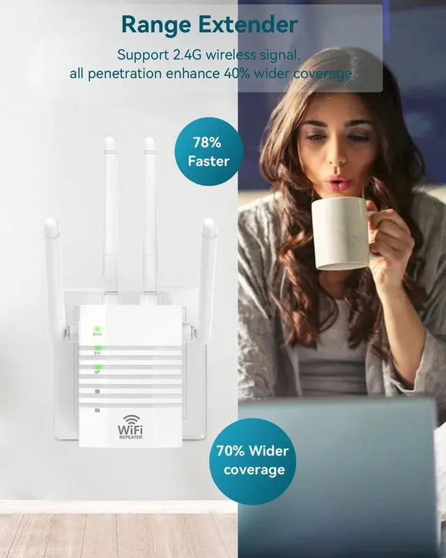 Alt view image 4 of 7 - 1200Mbps Dual - Band WiFi Extender Signal Booster, WiFi Extender with 4 Antennas, WiFi Booster Covers Up to 12880 Sq.ft & 105 Devices, WiFi Repeater with Wall - Plug Signal Booster for Home