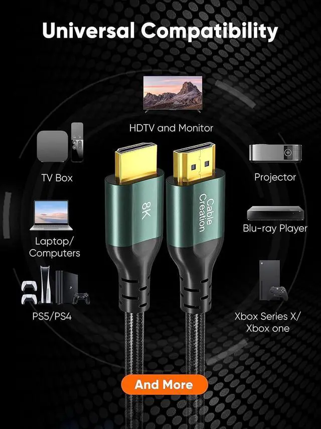 Alt view image 5 of 7 - CableCreation 8K HDMI Cable, HDMI for PS4 (48Gbps, 8K@60Hz) - 3.3 Feet, Xbox Series X HDMI Cable, eARC HDR HDCP 2.2 2.3