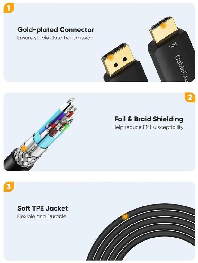 Alt view image 5 of 7 - CableCreation Unidirectional Active DisplayPort to HDMI Cable, DisplayPort to HDMI Monitor Cable 8FT, DP 1.4 to HDMI Support 4K@60Hz, 2K@144Hz, 1080P@144Hz