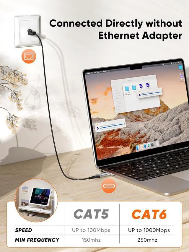 Alt view image 2 of 7 - CableCreation USB C to Ethernet Cable , USB C to RJ45 Internet LAN Network Cable, Gigabit Directly Connected, Compatible with Thunderbolt 3/4, MacBook Pro, iPhone 16/15, iPad Pro, Dell XPS