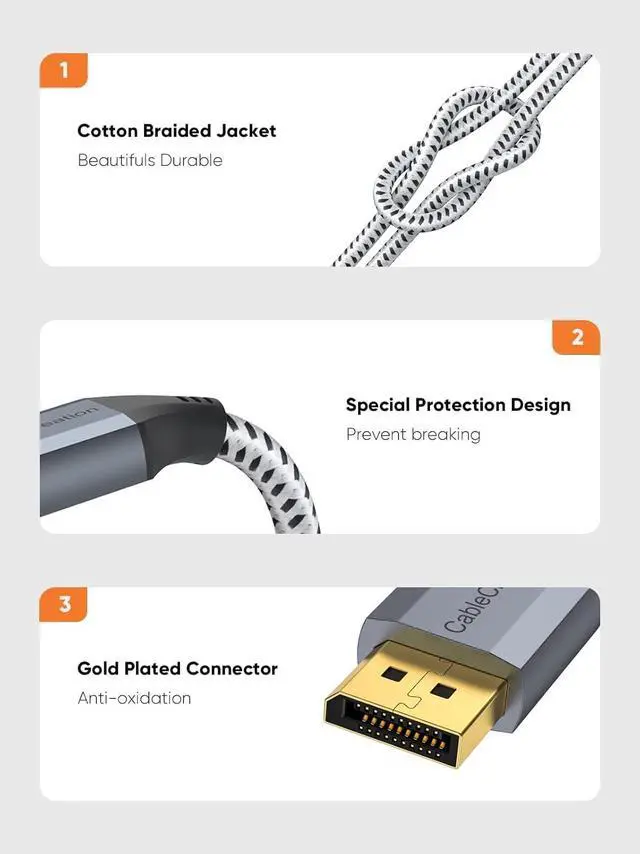 Alt view image 2 of 7 - CableCreation 8K DisplayPort Cable 3 FT/0.9M, DP Cable 1.4 Male to Male,Support 8K@60Hz, 4K@144Hz, 2K@165Hz Video Resolution & HDR,Gray