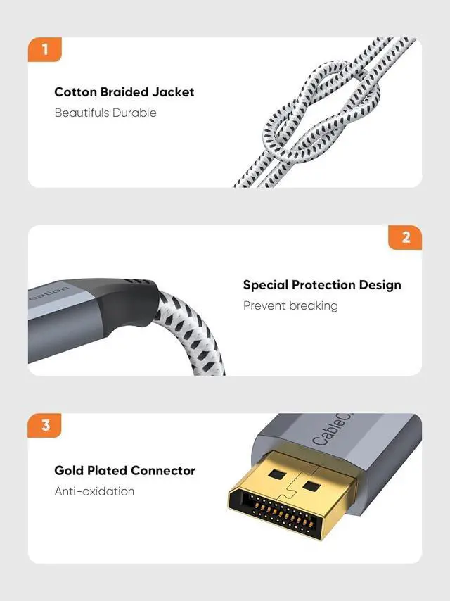 Alt view image 6 of 7 - CableCreation 8K DisplayPort Cable 10 FT/3M, DP to DP Cable 1.4,Support 8K@60Hz, 4K@144Hz, 2K@165Hz Video Resolution & HDR,Gray