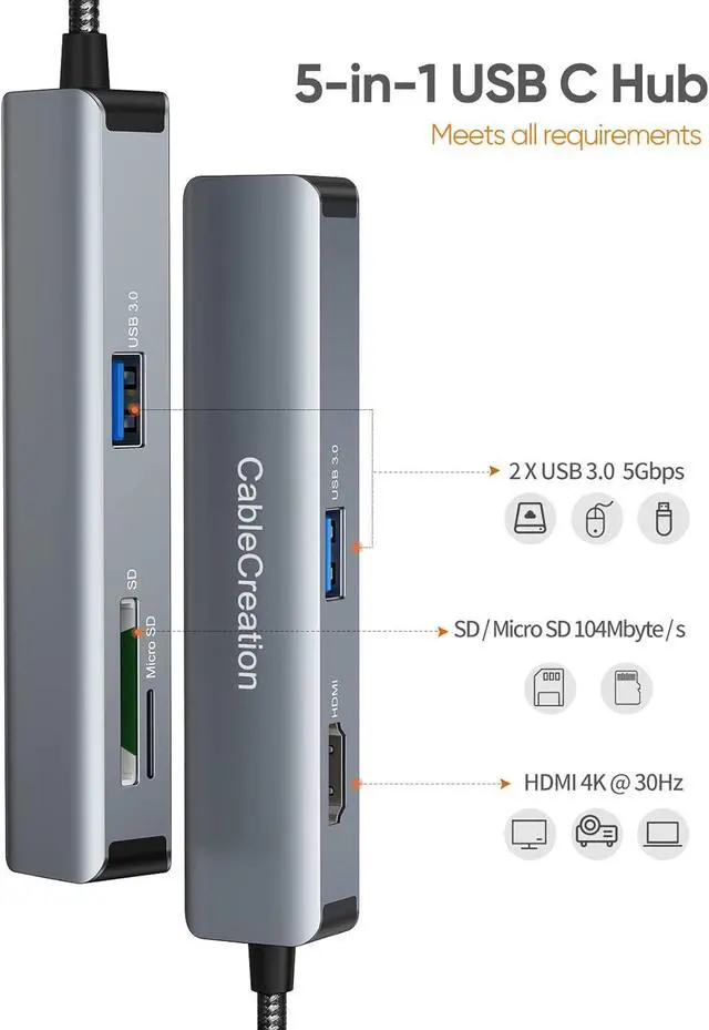 Alt view image 2 of 7 - USB C Hub, CableCreation 5-in-1 Multiport iPad Pro Adapter with HDMI 4K, 2 USB 3.0, SD/Micro SD Card Reader for MacBook Pro/Air, iPad Pro, Surface Pro, XPS, and More