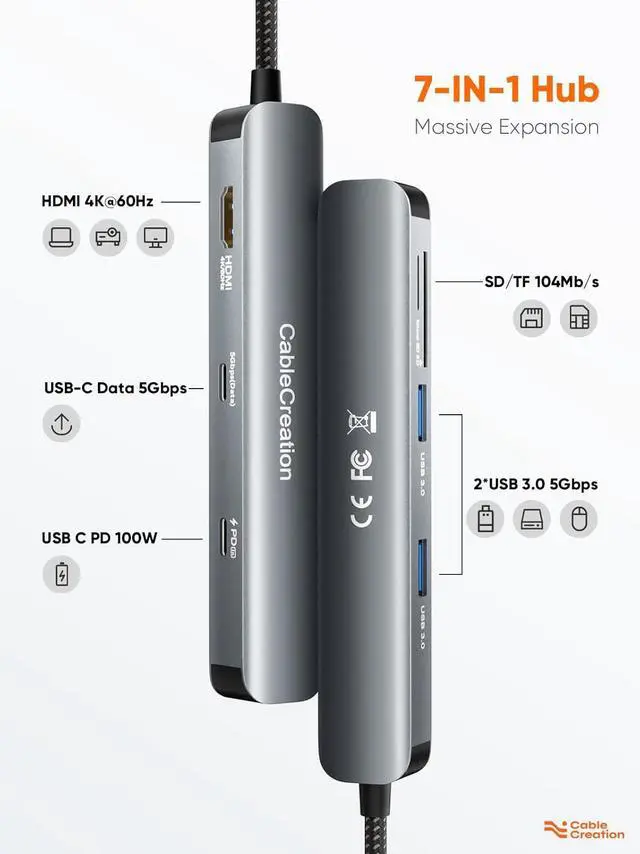 Alt view image 2 of 7 - CableCreation 7-in-1 USB-C Hub with 4K 60Hz HDMI, 100W PD, 2 USB 3.0 5Gbps Data Ports, SD/TF Card Slots for Steam Deck, MacBook Pro/Air, iPad Pro, Pixelbook, XPS