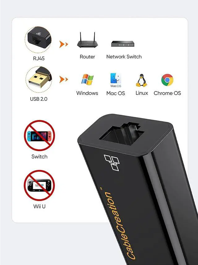 Alt view image 2 of 7 - CableCreation USB to Network Adapter, USB 2.0 to 10/100 RJ45 Ethernet LAN Cable Compatible with Windows 10/8.8/8/ 7, macOS X, Black
