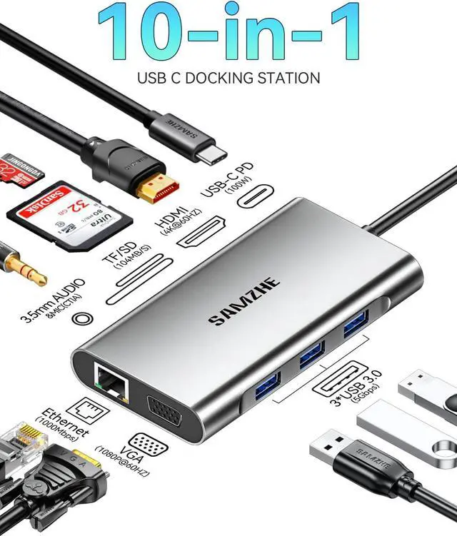 Alt view image 2 of 7 - SAMZHE USB C Docking Station 10-in-1 USB-C Hub Dual 4K HDMI Monitor Laptop Dock Stations Multiple Adapter with HDMI 4K+VGA+3 USB-A 3.0 Port+100W PD Charger+Ethernet+SD/TF+Audio
