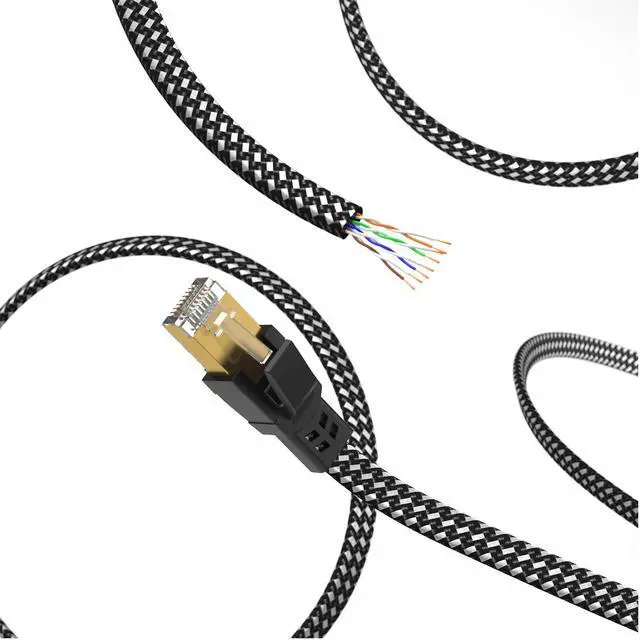 Alt view image 3 of 7 - Cat 8 Ethernet Cable , Nylon Braided High Speed Heavy Duty Network LAN Patch Cord, 40Gbps 2000Mhz SFTP RJ45 Flat Internet Cable Shielded in Wall, Indoor&Outdoor for Modem/Router/Gaming/PC