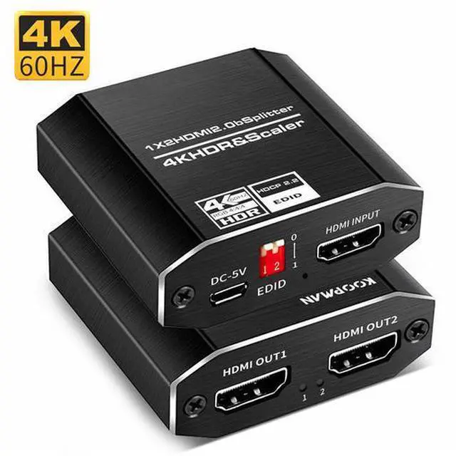 Main image of HDMI 2.0 Splitter 1x2, 4K@60Hz 4:4:4 Scaler with HDCP 2.2 Bypass, HDR10 Supported, 1 in 2 Out Duplicate/Mirror Display for Dual Monitors
