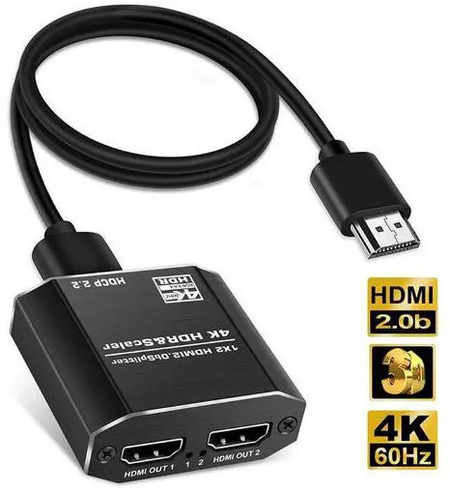 Alt view image 2 of 7 - HDMI 2.0 Splitter 1x2, 4K@60Hz 4:4:4 Scaler with HDCP 2.2 Bypass, HDR10 Supported, 1 in 2 Out Duplicate/Mirror Display for Dual Monitors