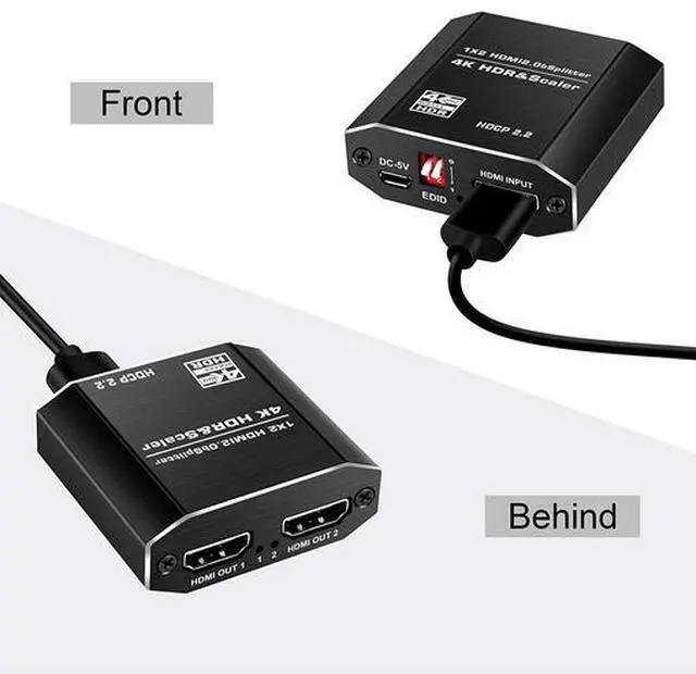Alt view image 5 of 7 - HDMI 2.0 Splitter 1x2, 4K@60Hz 4:4:4 Scaler with HDCP 2.2 Bypass, HDR10 Supported, 1 in 2 Out Duplicate/Mirror Display for Dual Monitors