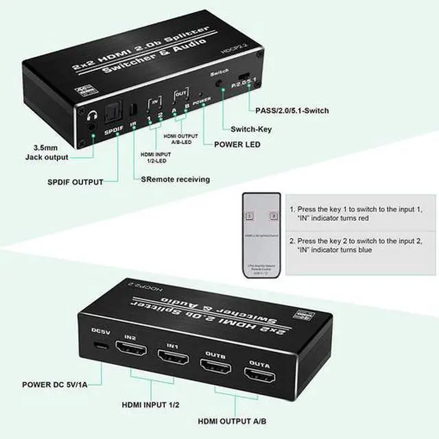 Alt view image 3 of 7 - Torpedo Nova 2x2 HDMI Matrix Switch Splitter with Scaler & Audio Extractor, 4K@60Hz 4:4:4, HDCP 2.2 Bypass, HDR10, 2 Input 2 Output Support Independent Control and Scaling