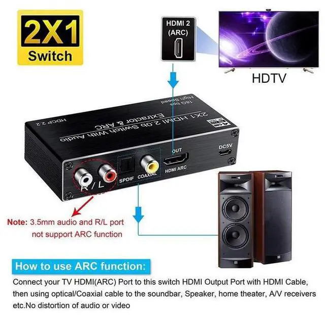 Alt view image 2 of 6 - Torpedo Nova 2x1 HDMI Switch with Audio Extractor, 4K@60Hz HDR, ARC, Optical/Coaxial/RCA/3.5mm Output, HDCP 2.2, Auto-Switching & Remote Control