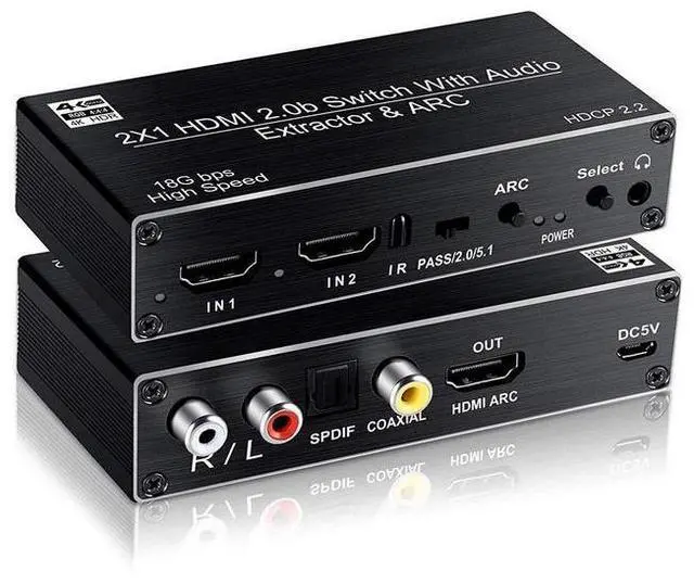 Main image of Torpedo Nova 2x1 HDMI Switch with Audio Extractor, 4K@60Hz HDR, ARC, Optical/Coaxial/RCA/3.5mm Output, HDCP 2.2, Auto-Switching & Remote Control