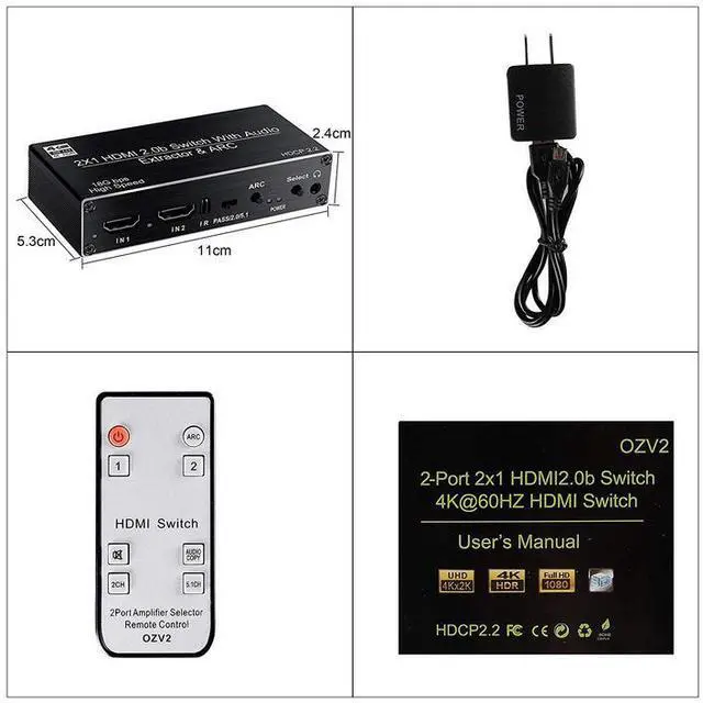 Alt view image 3 of 6 - Torpedo Nova 2x1 HDMI Switch with Audio Extractor, 4K@60Hz HDR, ARC, Optical/Coaxial/RCA/3.5mm Output, HDCP 2.2, Auto-Switching & Remote Control