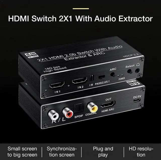 Alt view image 5 of 6 - Torpedo Nova 2x1 HDMI Switch with Audio Extractor, 4K@60Hz HDR, ARC, Optical/Coaxial/RCA/3.5mm Output, HDCP 2.2, Auto-Switching & Remote Control