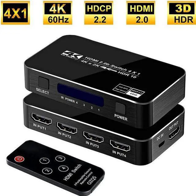 Main image of Torpedo Nova 4x1 HDMI Switch, 4K@60Hz HDR10, HDCP 2.2, 18Gbps, Auto-Switching with Remote Control