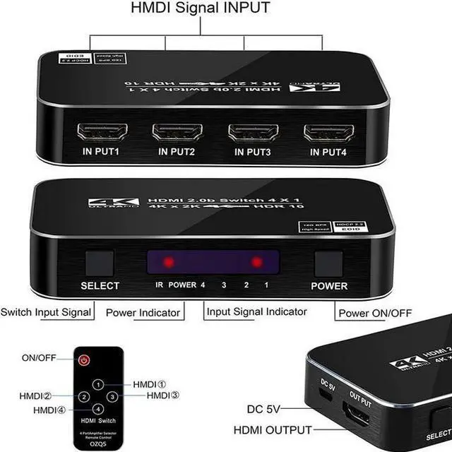 Alt view image 3 of 7 - Torpedo Nova 4x1 HDMI Switch, 4K@60Hz HDR10, HDCP 2.2, 18Gbps, Auto-Switching with Remote Control
