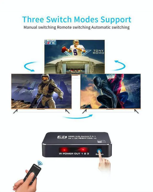 Alt view image 4 of 7 - Torpedo Nova HDMI 2.0 3x1 Switch, 4K@60Hz HDR, Aluminum Housing, Dolby Atmos Support, Remote Control