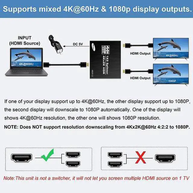Alt view image 3 of 5 - Torpedo Nova 1x2 HDMI 2.0 Splitter with Scaler & HDCP 2.2 Bypass - 4K@60Hz 1 in 2 Out Distribution Amplifier, Support HDR10, 3D, Downscale 4K to 1080P, Dual Independent EDID Management for Dual Monito