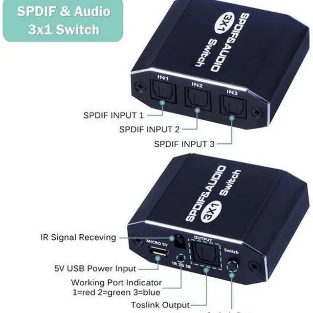Alt view image 4 of 6 - Torpedo Nova  3x1 Optical Audio Switch with Remote - SPDIF/Toslink 3-in-1 Out Selector for PS4/PS5/Xbox/Apple TV/Blu-ray Player, Support Dolby Digital & DTS