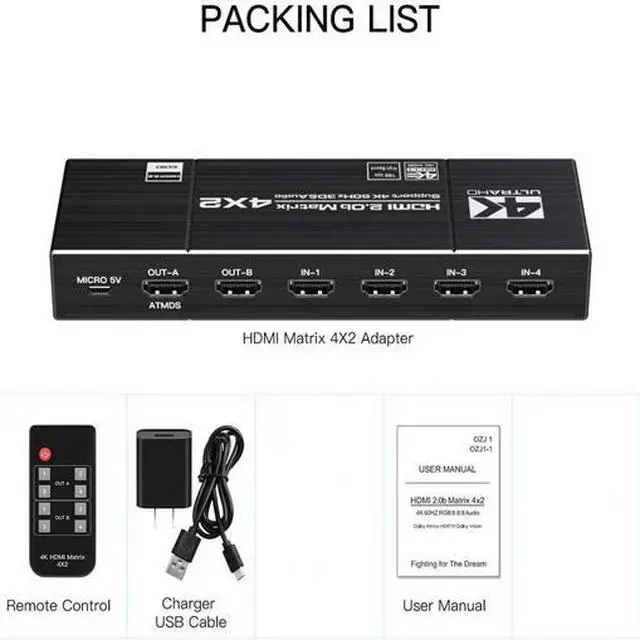 Alt view image 5 of 5 - Torpedo Nova 4x2 HDMI 2.0 Matrix Switch with Dual Audio Extraction - 4K@60Hz 4 in 2 Out, Support HDCP 2.2, EDID Management, Optical & 3.5mm Audio Output, 18.2Gbps Bandwidth