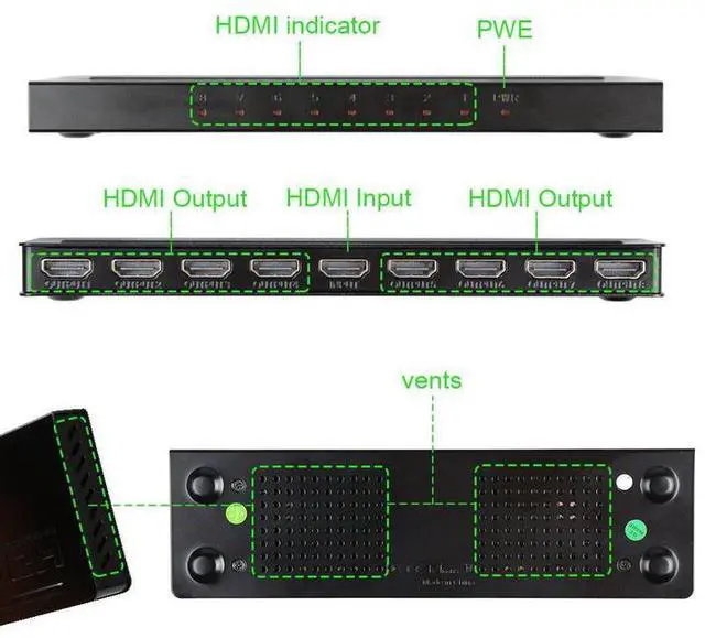 Alt view image 2 of 5 - Torpedo Nova 1x8 HDMI Splitter Ultra-Thin - 4K 1 in 8 Out Distribution Amplifier, Support 3D, HDCP 1.4, Cascading Function, 25m Transmission for Digital Signage, Conference Rooms