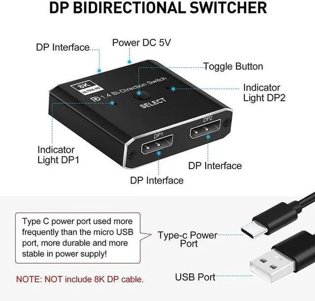 Alt view image 4 of 7 - Torpedo Nova DisplayPort 8K DP 1.4 Bidirectional Switch with IR Remote - 2x1/1x2 Manual Switcher, Support 8K@30Hz, 4K@120Hz, 32.4Gbps Bandwidth, External Power Required