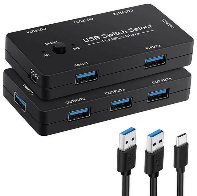 Main image of 2-Port USB 2.0 Sharing Switch KVM Hub - 4 Output USB 2.0 Peripheral Sharing for 2 Computers, Support Printer, Keyboard, Mouse, U Disk, Plug and Play, No Driver Required