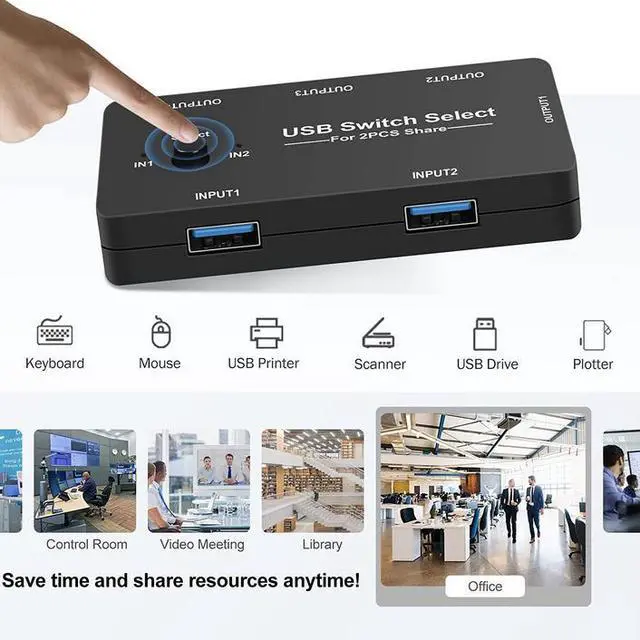 Alt view image 2 of 7 - 2-Port USB 2.0 Sharing Switch KVM Hub - 4 Output USB 2.0 Peripheral Sharing for 2 Computers, Support Printer, Keyboard, Mouse, U Disk, Plug and Play, No Driver Required