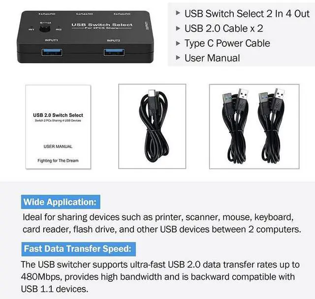 Alt view image 7 of 7 - 2-Port USB 2.0 Sharing Switch KVM Hub - 4 Output USB 2.0 Peripheral Sharing for 2 Computers, Support Printer, Keyboard, Mouse, U Disk, Plug and Play, No Driver Required