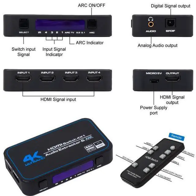 Alt view image 4 of 4 - 4x1 HDMI 2.0 Switch with Audio Extractor & ARC - 4K@60Hz 4 in 1 Out Switcher, Support HDCP 2.2, Optical/Coaxial/3.5mm Audio Output, for Home Theater, Gaming Consoles