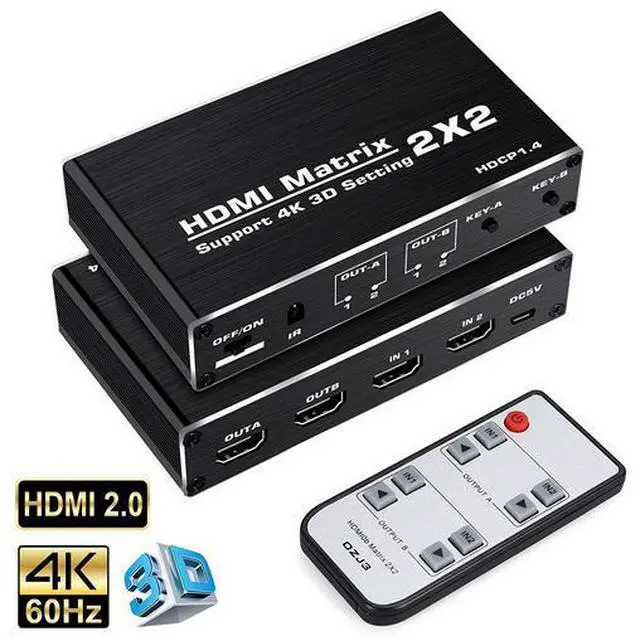 Main image of 2x2 HDMI Matrix Switch 4K 60Hz - 2 Input 2 Output Matrix with Independent Display & Duplication, Support 3D, HDR, HDCP 1.4, 18.5Gbps Bandwidth, IR Remote Included