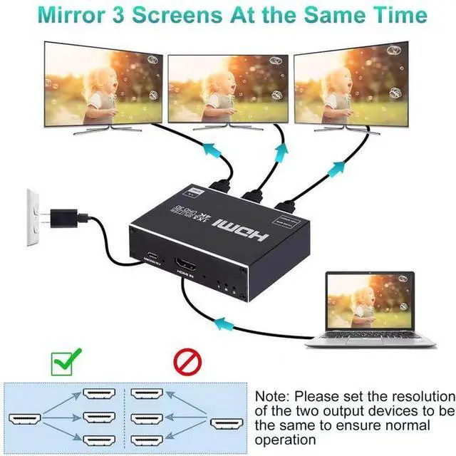 Alt view image 4 of 6 - HDMI 1.4 Splitter 1x3 - 4K@30Hz 1 in 3 Out Distribution Amplifier, HDCP Compliant, Support 3D, Deep Color, DTS-HD, Dolby TrueHD, Mirror Mode for Home Theater