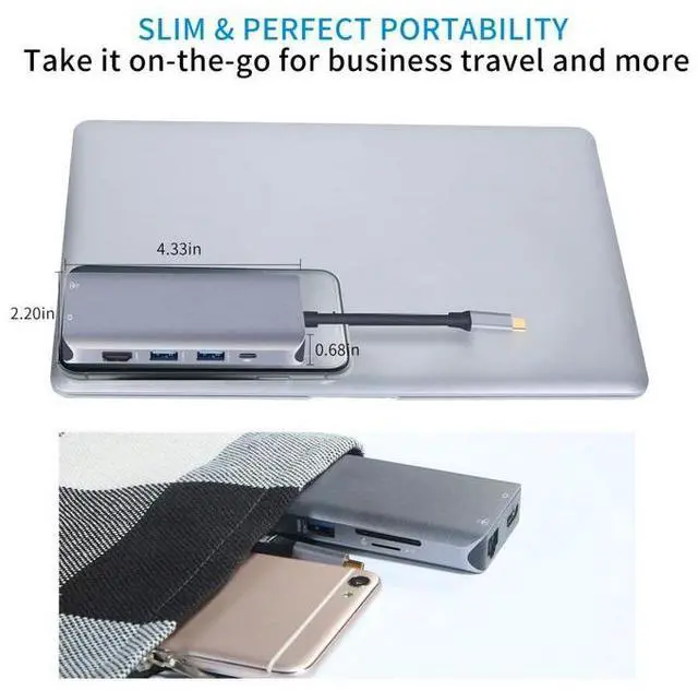 Alt view image 2 of 5 - 10-in-1 USB C Hub Multiport Adapter - 4K HDMI, VGA, 3x USB 3.0, Gigabit Ethernet, 60W PD Charging, SD/TF Card Reader, 3.5mm Audio for MacBook Pro/Air, Dell XPS, Chromebook