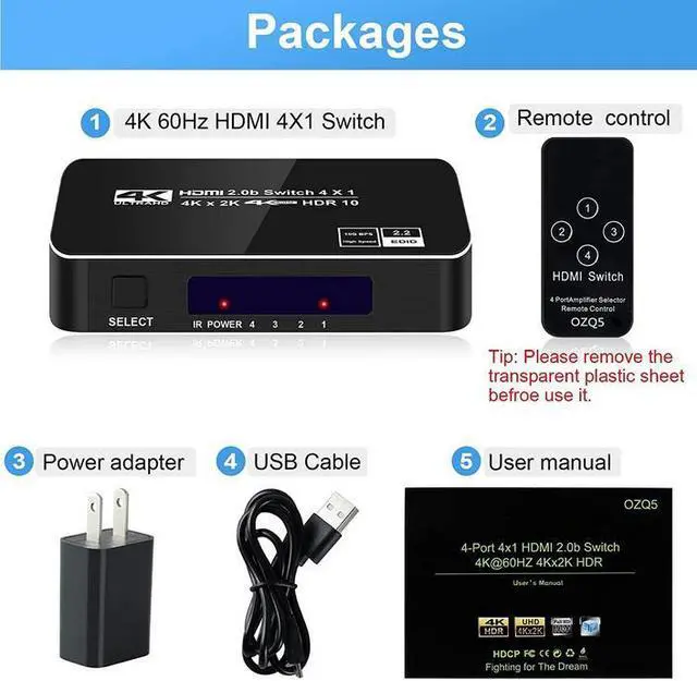 Alt view image 3 of 5 - 4x1 HDMI 2.0 Switch 4K@60Hz - 4 in 1 Out HDMI Switcher with Remote, HDCP 2.2, HDR, Dolby Vision, 18Gbps, Auto-Switching, for Gaming & Home Theater