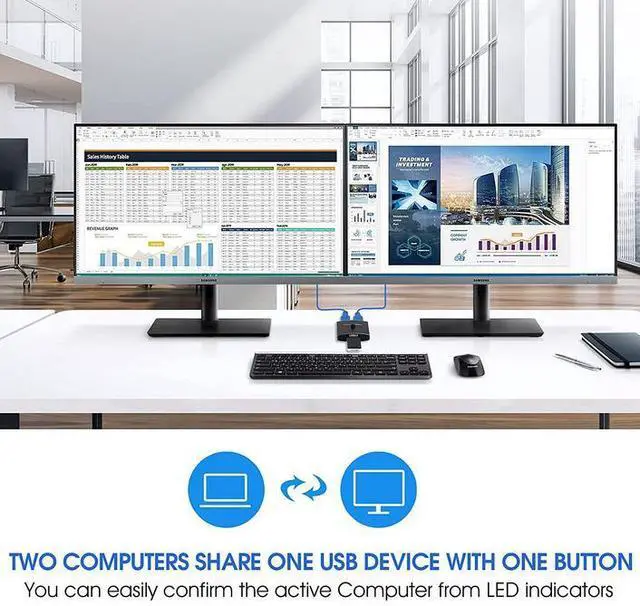 Alt view image 3 of 7 - 2x1 USB 3.0 Sharing Switch - USB 3.0 Peripheral Switcher for 2 Computers, One-Button Control, Plug & Play, LED Indicator, Compatible with Keyboard, Mouse, Printers