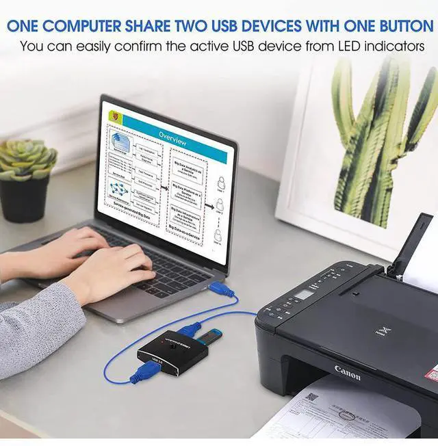 Alt view image 5 of 7 - 2x1 USB 3.0 Sharing Switch - USB 3.0 Peripheral Switcher for 2 Computers, One-Button Control, Plug & Play, LED Indicator, Compatible with Keyboard, Mouse, Printers