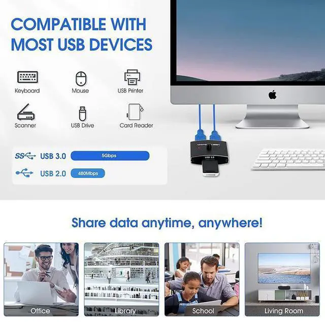 Alt view image 7 of 7 - 2x1 USB 3.0 Sharing Switch - USB 3.0 Peripheral Switcher for 2 Computers, One-Button Control, Plug & Play, LED Indicator, Compatible with Keyboard, Mouse, Printers