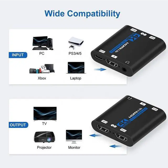 Alt view image 2 of 5 - HDMI 2.0b Splitter 1x2 - 4K@60Hz 1 in 2 Out HDCP 2.2 Compliant, HDR, 3D, 18Gbps, Audio Extractor, Support Dolby TrueHD, DTS-HD, for Home Theater & Gaming