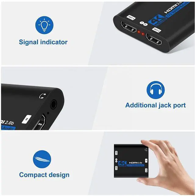 Alt view image 5 of 5 - HDMI 2.0b Splitter 1x2 - 4K@60Hz 1 in 2 Out HDCP 2.2 Compliant, HDR, 3D, 18Gbps, Audio Extractor, Support Dolby TrueHD, DTS-HD, for Home Theater & Gaming