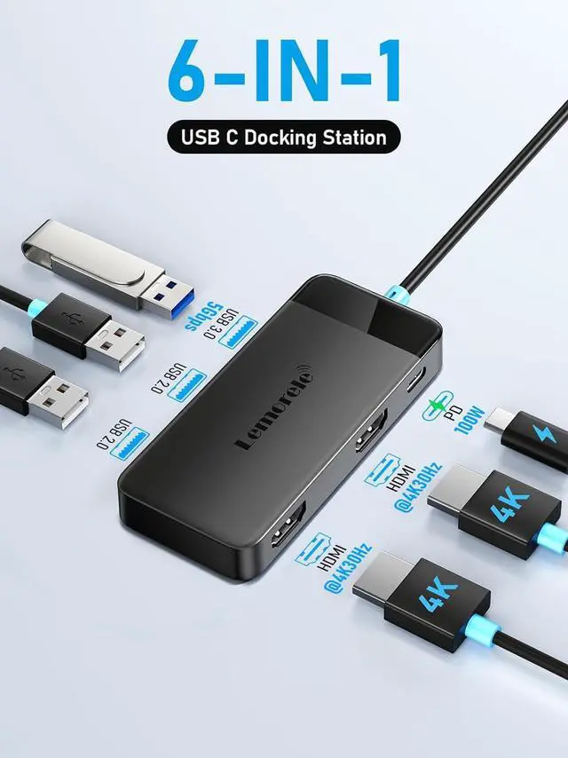 Alt view image 7 of 7 - Lemorele Docking Station Dual Monitor, 6 in 1 USB C Hub Multiport Adapter w/2 HDMI 4K, 5Gbps USB3.0 & 2 USB2.0, 100W PD Charging - USB C Dock for Laptop Dell/Lenovo/HP/MacBook/Surface - Plug and Play