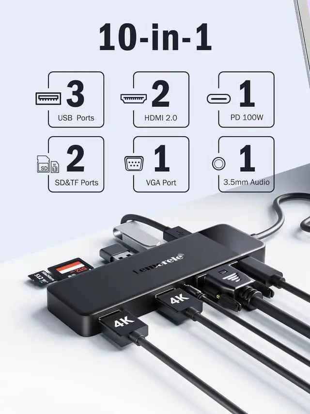 Alt view image 2 of 7 - Lemorele USB C Docking Station Dual Monitor 10- in-1 Triple Display Laptop Hub Multiport Adapter w/2 HDMI 4K+VGA+3 USB3.0/2.0+TF/SD 2.0+Audio+100W PD, USB C Dongle for Mac/Surface/WINDOWS