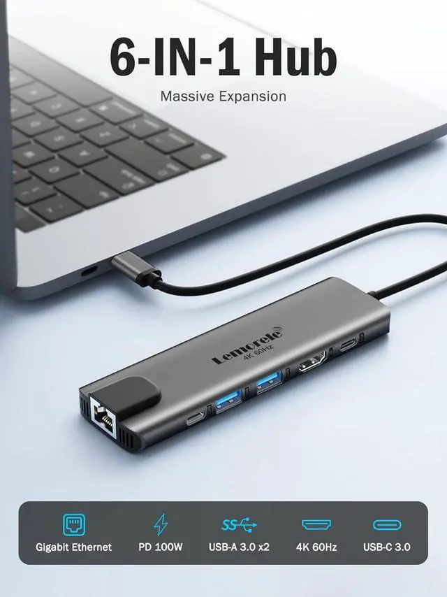 Alt view image 2 of 7 - Lemorele USB-C Hub 6-in-1 with 4K@60Hz HDMI, Gigabit Ethernet,100W Power Delivery, USB-C and 2 USB-A 5 Gbps Data Ports for MacBook Air/Pro, Dell, Hp, XPS, and More